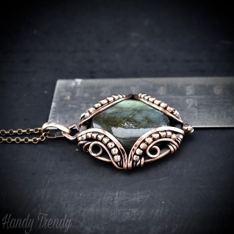 Green labradorite pendant, Free flow copper wire wrapped necklace, Unique handmade gift, One of a kind jewelry, Artisan boho jewelry