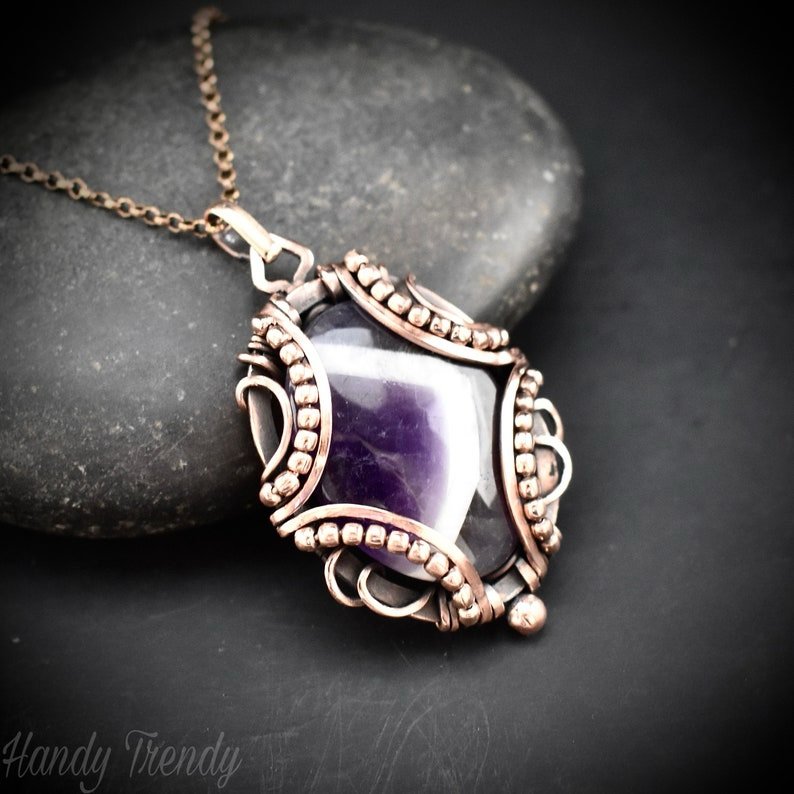 Star amethyst pendant, Free flow copper wire wrapped necklace, Unique handmade gift, One of a kind jewelry, Artisan boho jewelry