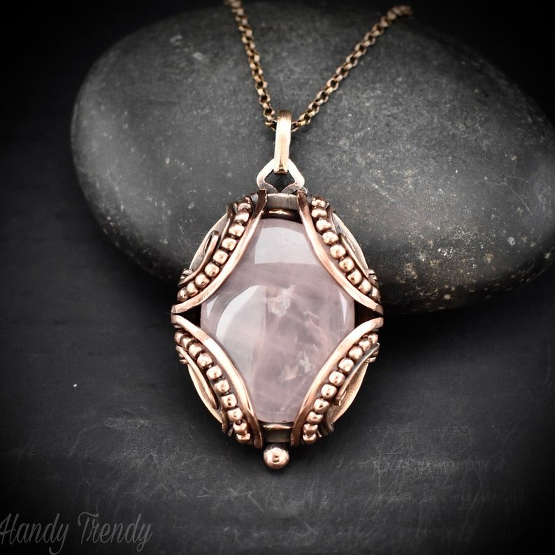 Rose quartz pendant, Free flow copper wire wrapped necklace, Unique handmade gift, One of a kind jewelry, Artisan boho jewelry