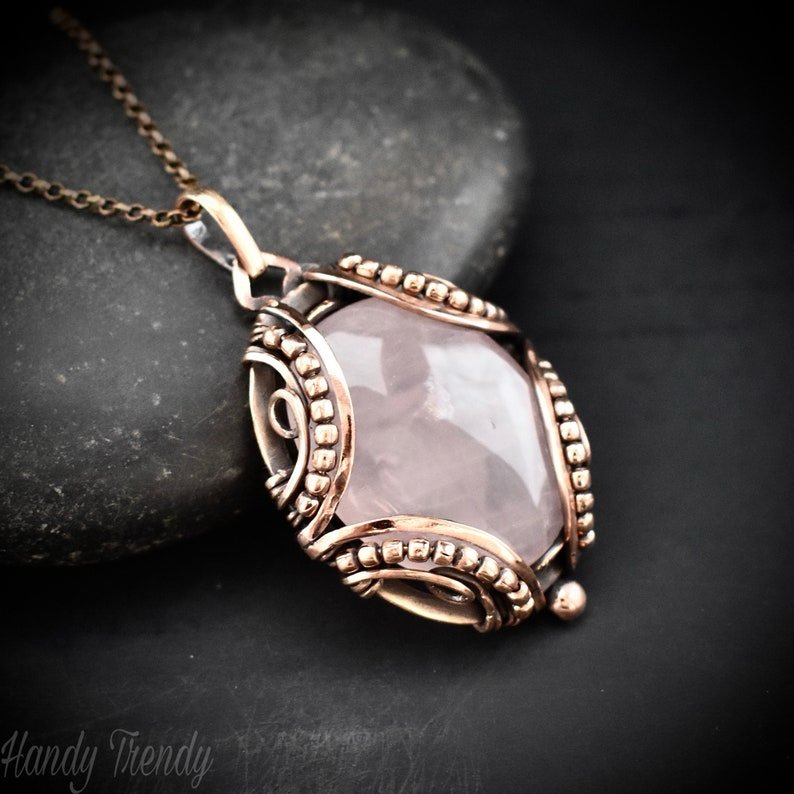 Rose quartz pendant, Free flow copper wire wrapped necklace, Unique handmade gift, One of a kind jewelry, Artisan boho jewelry