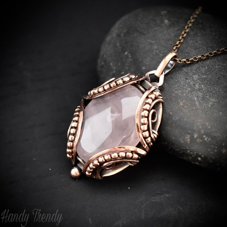 Rose quartz pendant, Free flow copper wire wrapped necklace, Unique handmade gift, One of a kind jewelry, Artisan boho jewelry