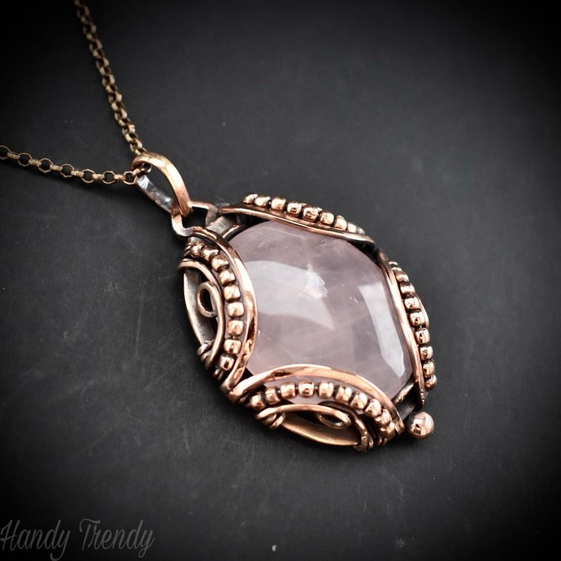 Rose quartz pendant, Free flow copper wire wrapped necklace, Unique handmade gift, One of a kind jewelry, Artisan boho jewelry