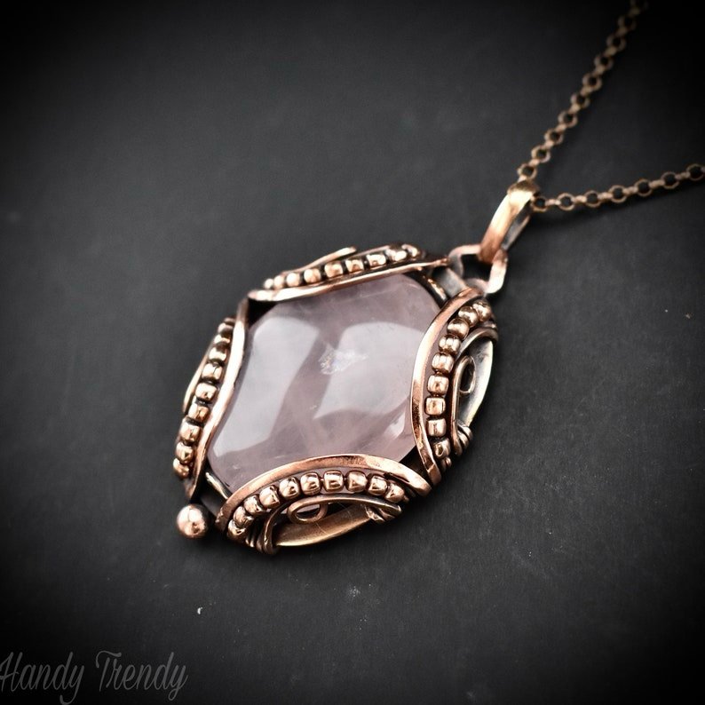 Rose quartz pendant, Free flow copper wire wrapped necklace, Unique handmade gift, One of a kind jewelry, Artisan boho jewelry