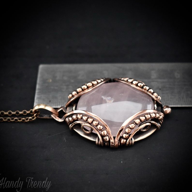 Rose quartz pendant, Free flow copper wire wrapped necklace, Unique handmade gift, One of a kind jewelry, Artisan boho jewelry