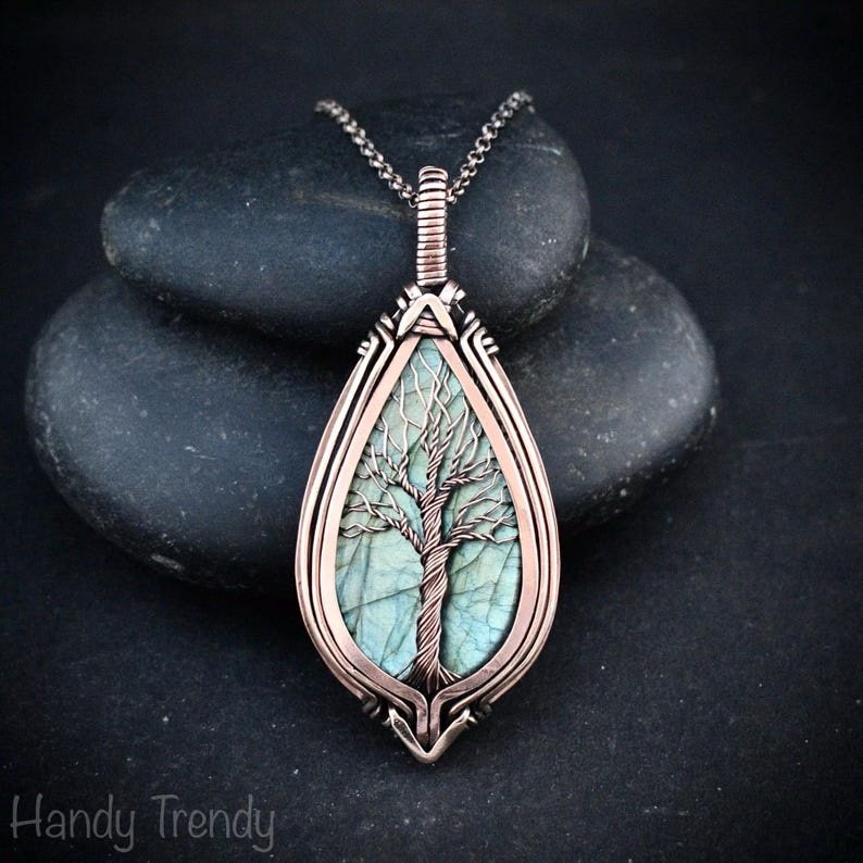 Blue labradorite tree of life pendant, Free-Flow copper wire wrapped necklace, Unique handmade gift, One of a kind botenical jewelry
