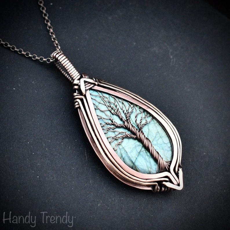 Blue labradorite tree of life pendant, Free-Flow copper wire wrapped necklace, Unique handmade gift, One of a kind botenical jewelry