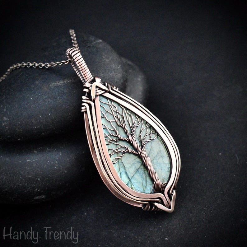 Blue labradorite tree of life pendant, Free-Flow copper wire wrapped necklace, Unique handmade gift, One of a kind botenical jewelry