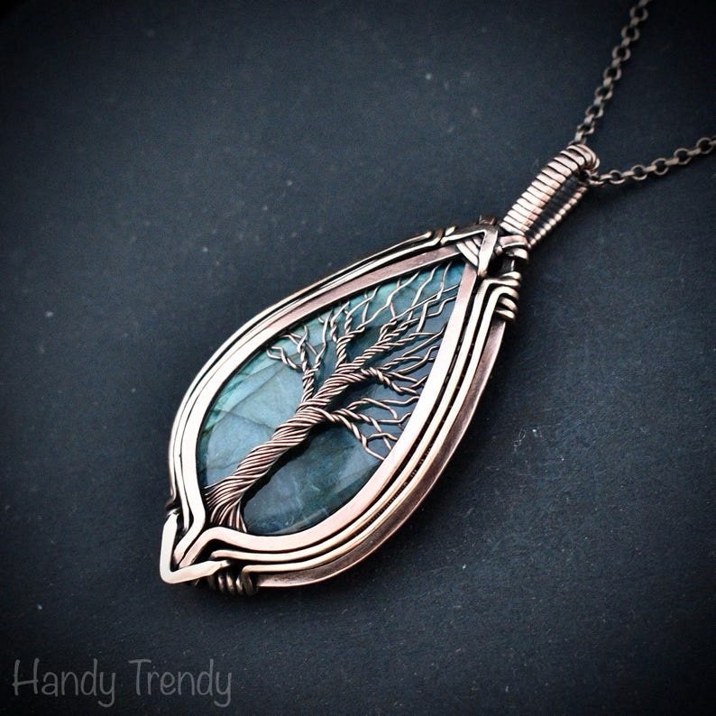 Blue labradorite tree of life pendant, Free-Flow copper wire wrapped necklace, Unique handmade gift, One of a kind botenical jewelry