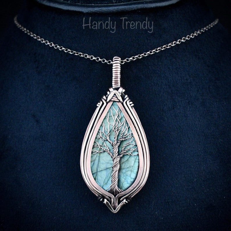 Blue labradorite tree of life pendant, Free-Flow copper wire wrapped necklace, Unique handmade gift, One of a kind botenical jewelry