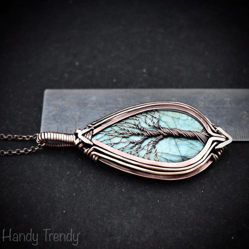 Blue labradorite tree of life pendant, Free-Flow copper wire wrapped necklace, Unique handmade gift, One of a kind botenical jewelry