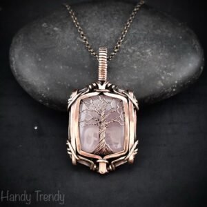 Rose quartz tree of life pendant, Free-Flow copper wire wrapped necklace, Unique handmade gift, One of a kind artisan boho jewelry