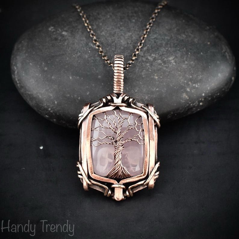Rose quartz tree of life pendant, Free-Flow copper wire wrapped necklace, Unique handmade gift, One of a kind artisan boho jewelry