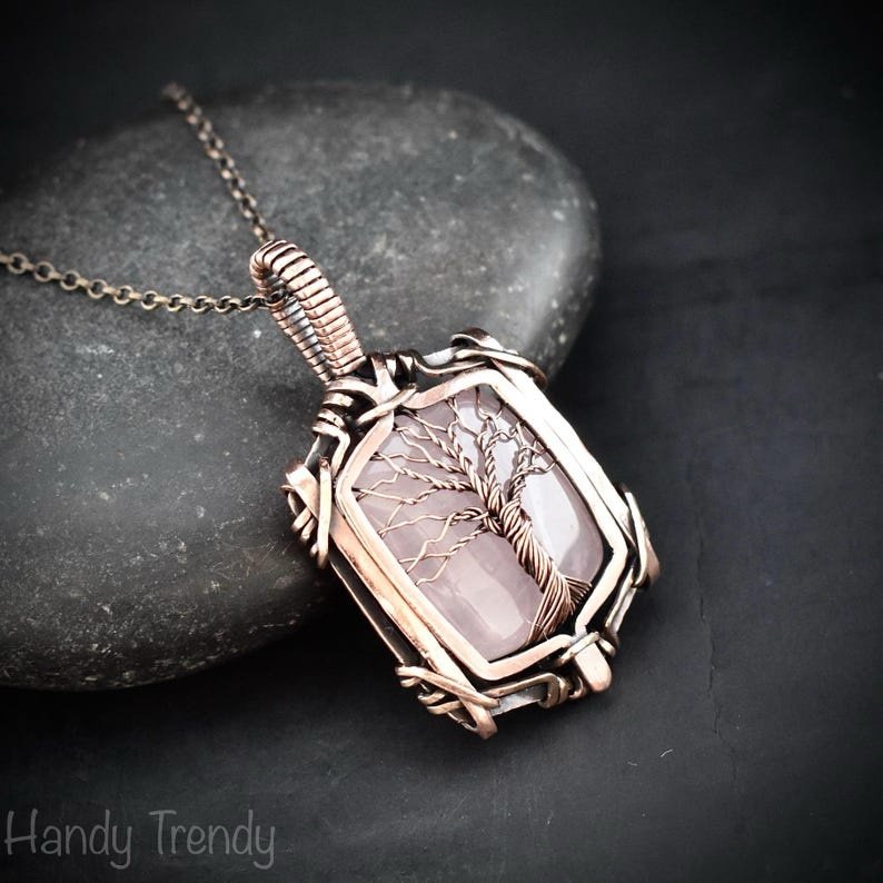 Rose quartz tree of life pendant, Free-Flow copper wire wrapped necklace, Unique handmade gift, One of a kind artisan boho jewelry