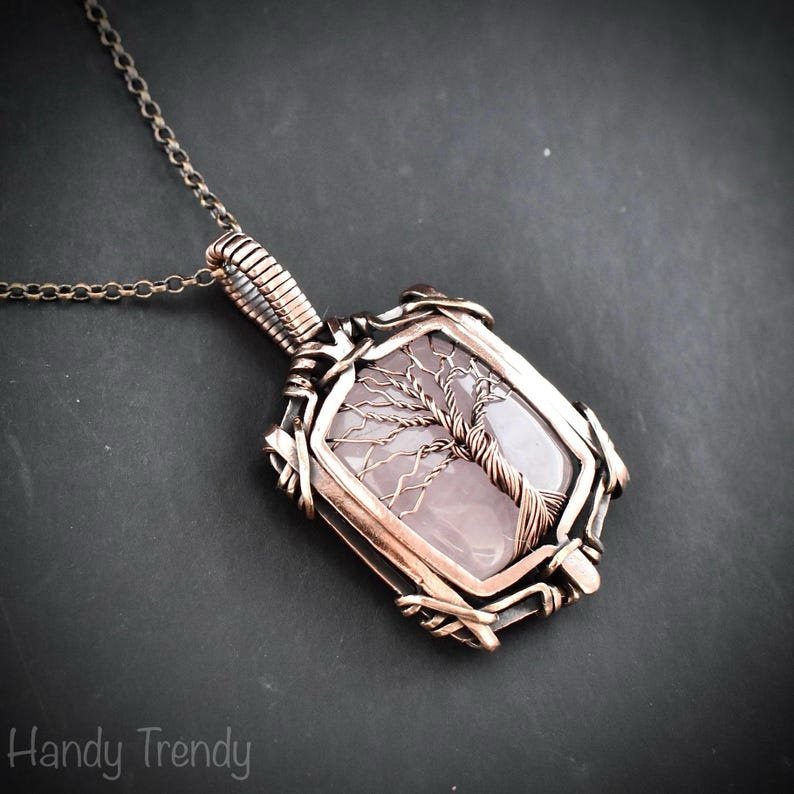 Rose quartz tree of life pendant, Free-Flow copper wire wrapped necklace, Unique handmade gift, One of a kind artisan boho jewelry