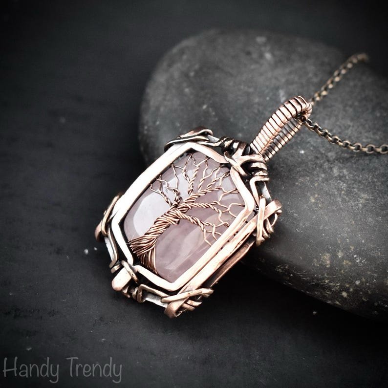 Rose quartz tree of life pendant, Free-Flow copper wire wrapped necklace, Unique handmade gift, One of a kind artisan boho jewelry