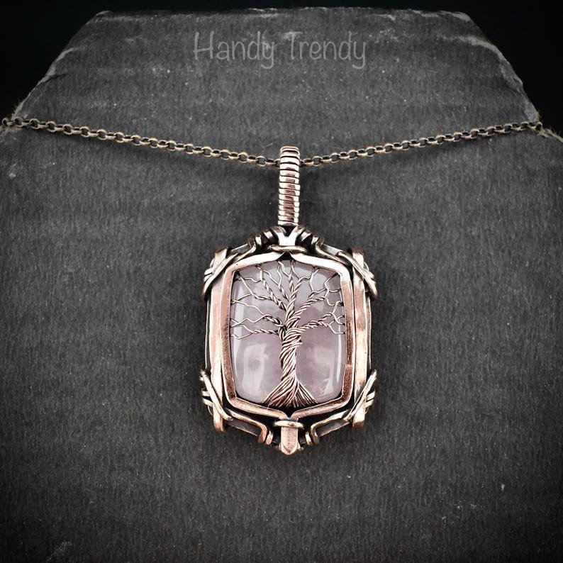 Rose quartz tree of life pendant, Free-Flow copper wire wrapped necklace, Unique handmade gift, One of a kind artisan boho jewelry