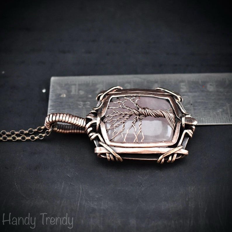 Rose quartz tree of life pendant, Free-Flow copper wire wrapped necklace, Unique handmade gift, One of a kind artisan boho jewelry