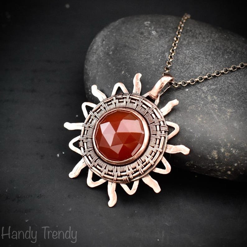Sun pendant, Carnelian copper wire wrapped necklace, Unique handmade birthday gift, One of a kind Artisan boho jewelry, Statement piece