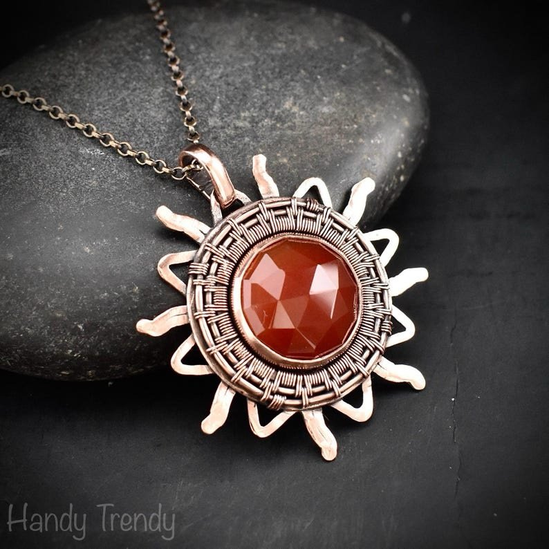 Sun pendant, Carnelian copper wire wrapped necklace, Unique handmade birthday gift, One of a kind Artisan boho jewelry, Statement piece