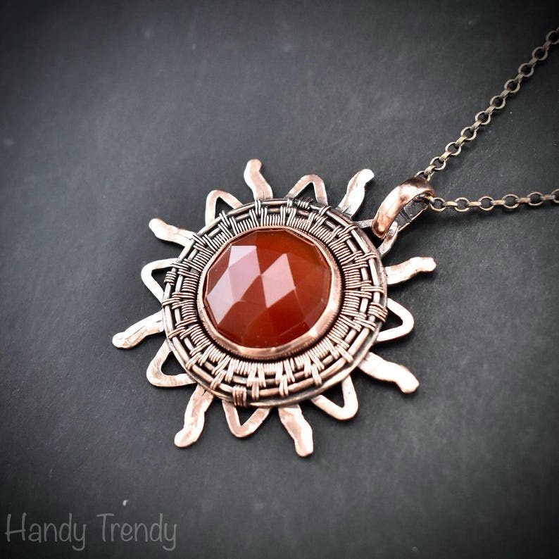 Sun pendant, Carnelian copper wire wrapped necklace, Unique handmade birthday gift, One of a kind Artisan boho jewelry, Statement piece