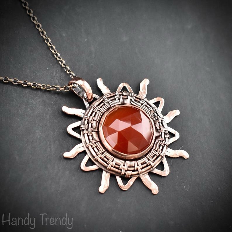 Sun pendant, Carnelian copper wire wrapped necklace, Unique handmade birthday gift, One of a kind Artisan boho jewelry, Statement piece