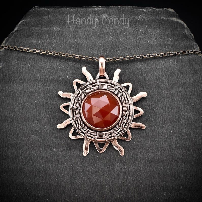 Sun pendant, Carnelian copper wire wrapped necklace, Unique handmade birthday gift, One of a kind Artisan boho jewelry, Statement piece