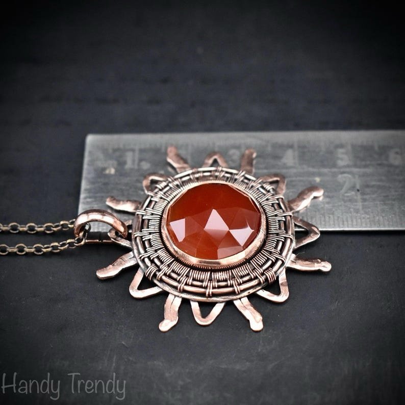 Sun pendant, Carnelian copper wire wrapped necklace, Unique handmade birthday gift, One of a kind Artisan boho jewelry, Statement piece