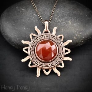 Sun pendant, Carnelian copper wire wrapped necklace, Unique handmade birthday gift, One of a kind Artisan boho jewelry, Statement piece
