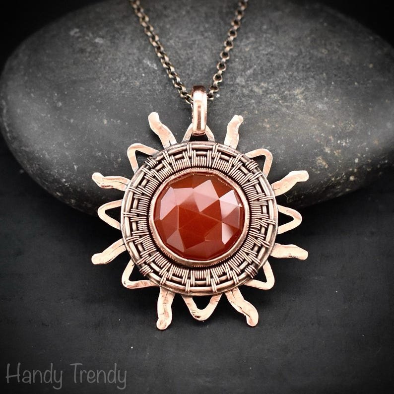 Sun pendant, Carnelian copper wire wrapped necklace, Unique handmade birthday gift, One of a kind Artisan boho jewelry, Statement piece