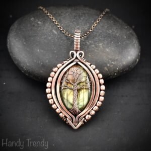 Green labradorite tree of life pendant, Free-Flow copper wire wrapped necklace, Unique handmade gift, One of a kind boho jewelry