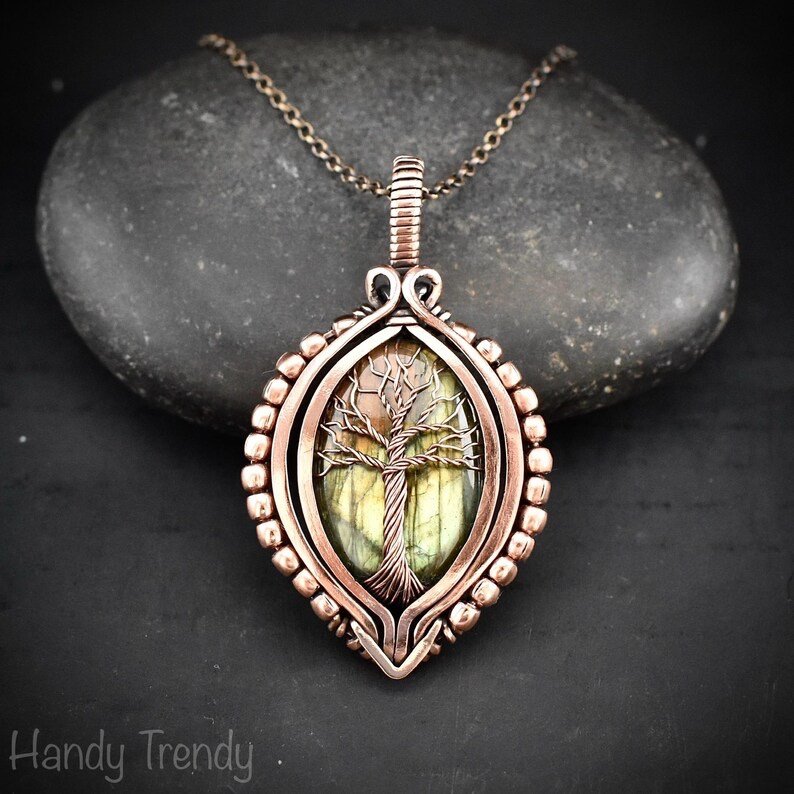 Green labradorite tree of life pendant, Free-Flow copper wire wrapped necklace, Unique handmade gift, One of a kind boho jewelry