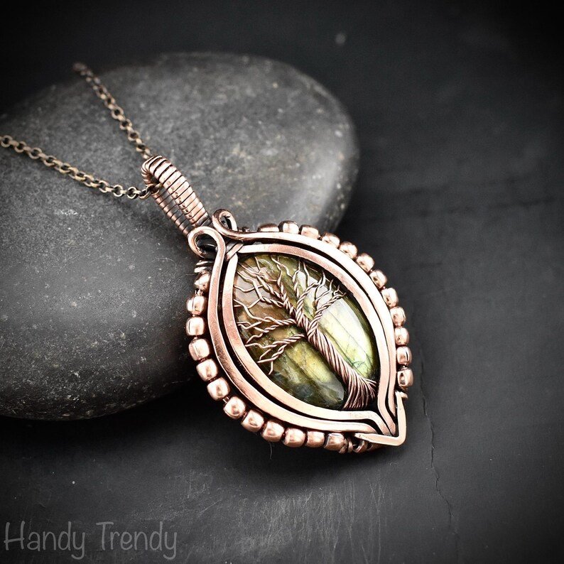 Green labradorite tree of life pendant, Free-Flow copper wire wrapped necklace, Unique handmade gift, One of a kind boho jewelry