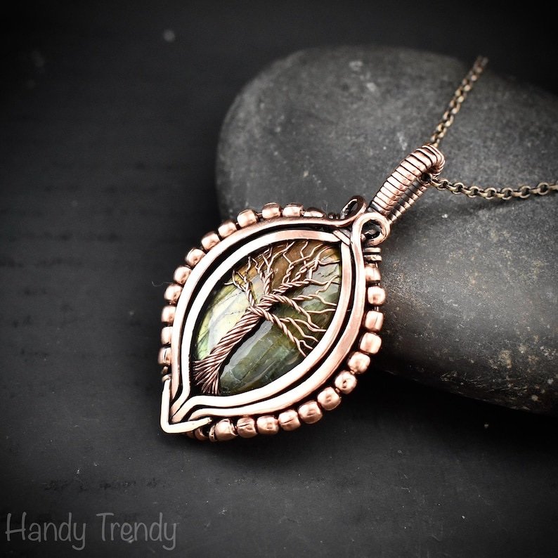 Green labradorite tree of life pendant, Free-Flow copper wire wrapped necklace, Unique handmade gift, One of a kind boho jewelry