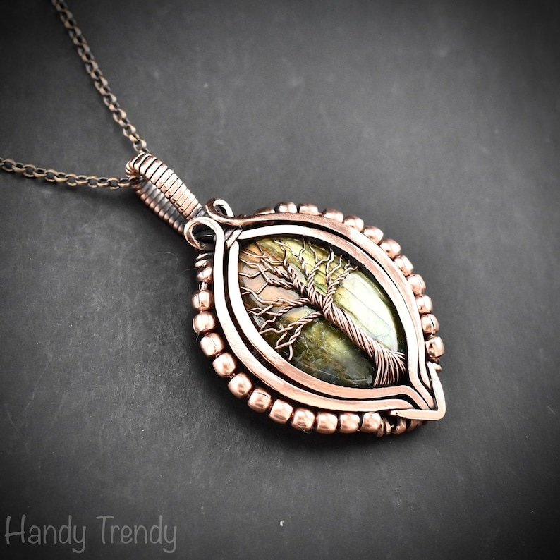 Green labradorite tree of life pendant, Free-Flow copper wire wrapped necklace, Unique handmade gift, One of a kind boho jewelry