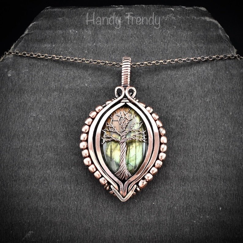 Green labradorite tree of life pendant, Free-Flow copper wire wrapped necklace, Unique handmade gift, One of a kind boho jewelry