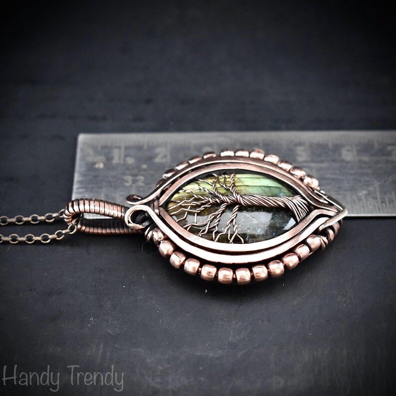 Green labradorite tree of life pendant, Free-Flow copper wire wrapped necklace, Unique handmade gift, One of a kind boho jewelry