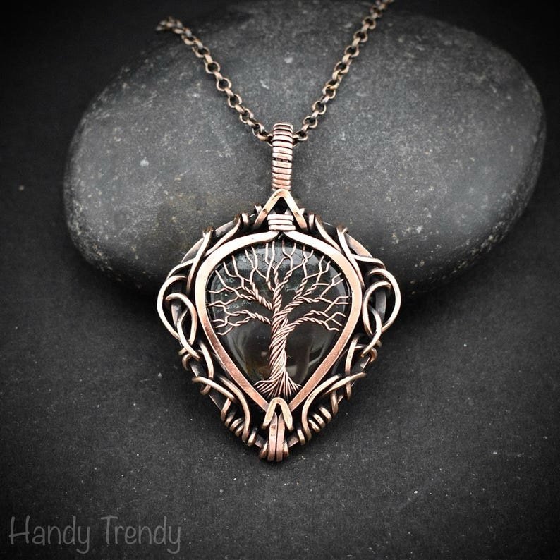 Green Moss agate tree of life pendant, Free-Flow copper wire wrapped necklace, Unique handmade gift, One of a kind boho jewelry