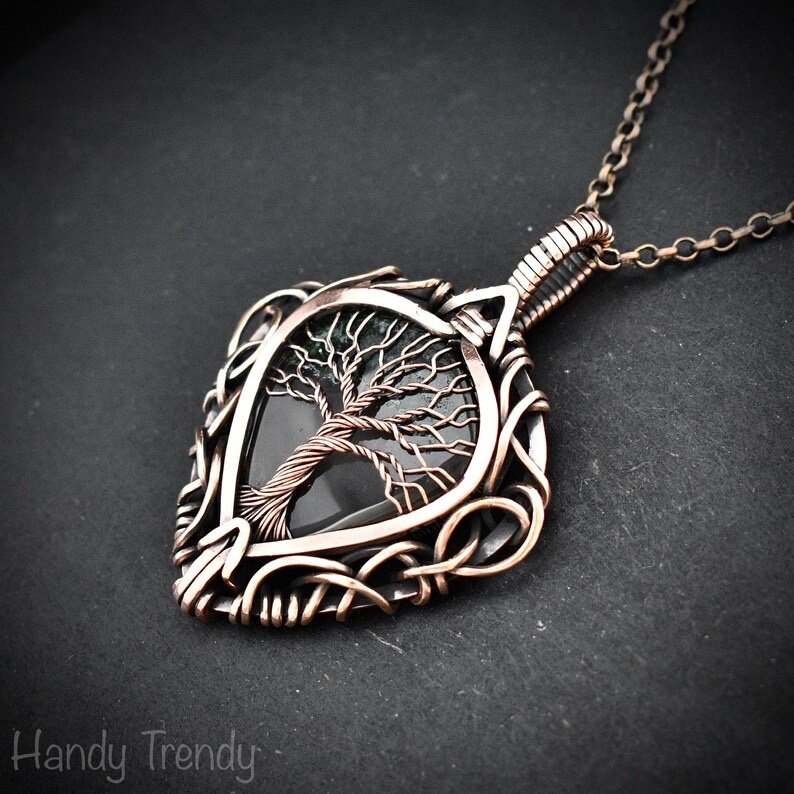 Green Moss agate tree of life pendant, Free-Flow copper wire wrapped necklace, Unique handmade gift, One of a kind boho jewelry