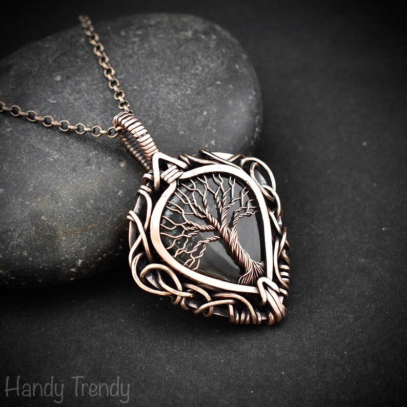 Green Moss agate tree of life pendant, Free-Flow copper wire wrapped necklace, Unique handmade gift, One of a kind boho jewelry