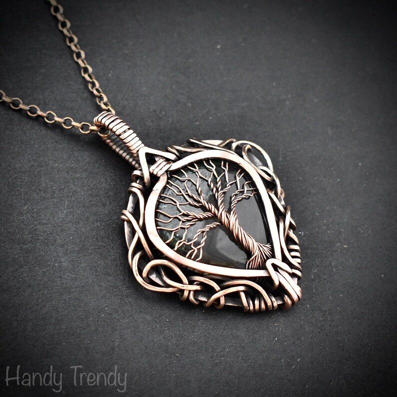 Green Moss agate tree of life pendant, Free-Flow copper wire wrapped necklace, Unique handmade gift, One of a kind boho jewelry