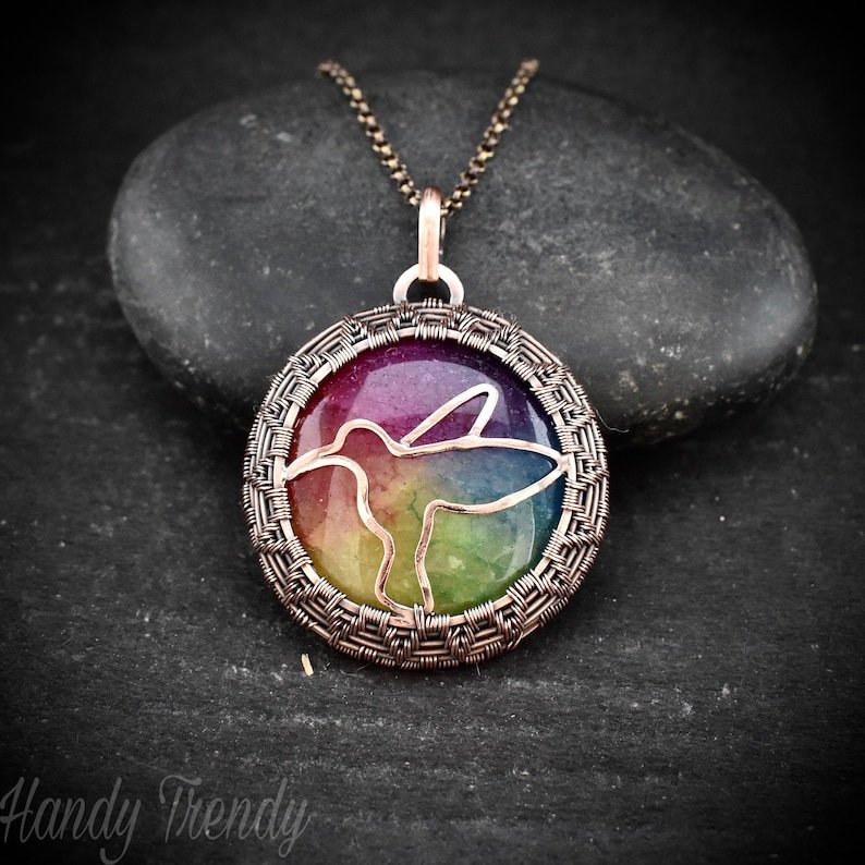 Rainbow solar quartz Hummingbird pendant, Copper wire wrapped necklace, Flying animal jewelry, Unique handmade gift, One of a kind jewelry