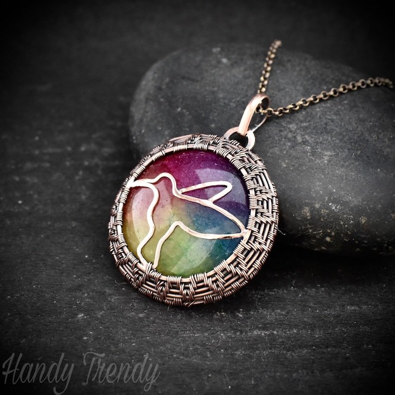 Rainbow solar quartz Hummingbird pendant, Copper wire wrapped necklace, Flying animal jewelry, Unique handmade gift, One of a kind jewelry