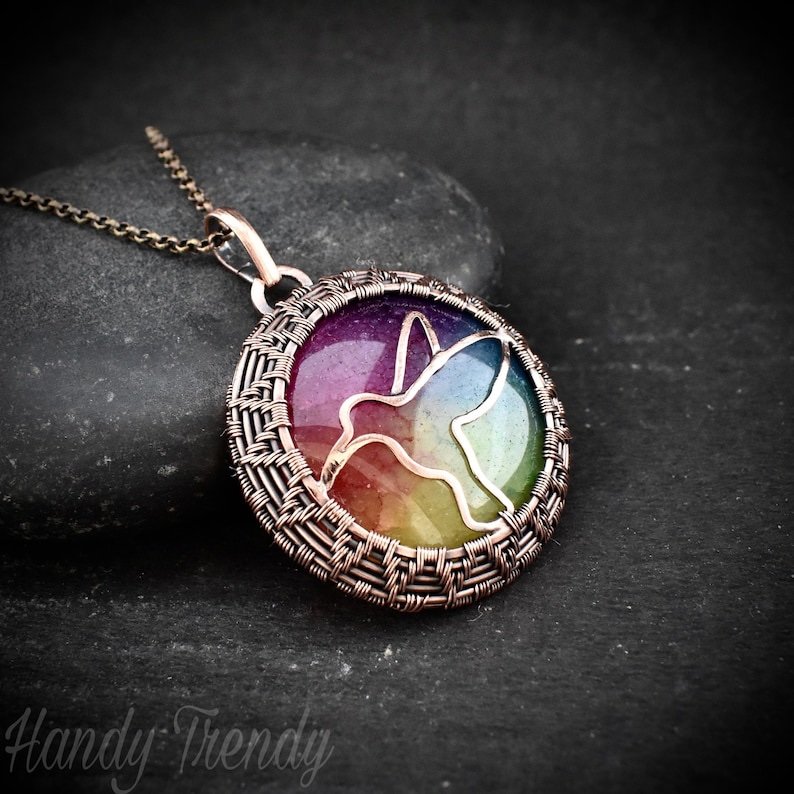 Rainbow solar quartz Hummingbird pendant, Copper wire wrapped necklace, Flying animal jewelry, Unique handmade gift, One of a kind jewelry