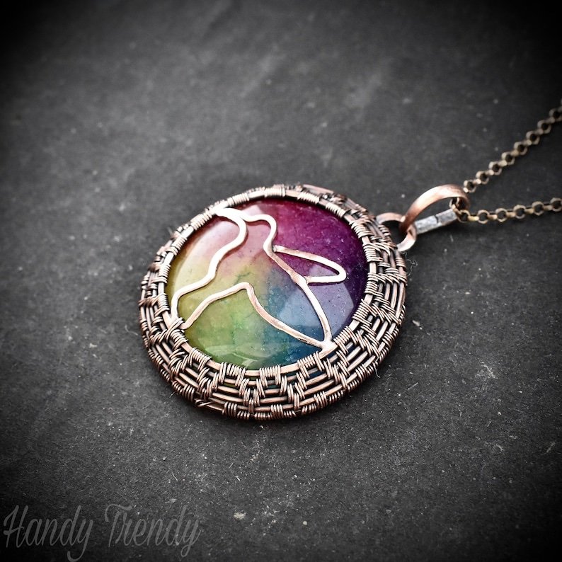 Rainbow solar quartz Hummingbird pendant, Copper wire wrapped necklace, Flying animal jewelry, Unique handmade gift, One of a kind jewelry