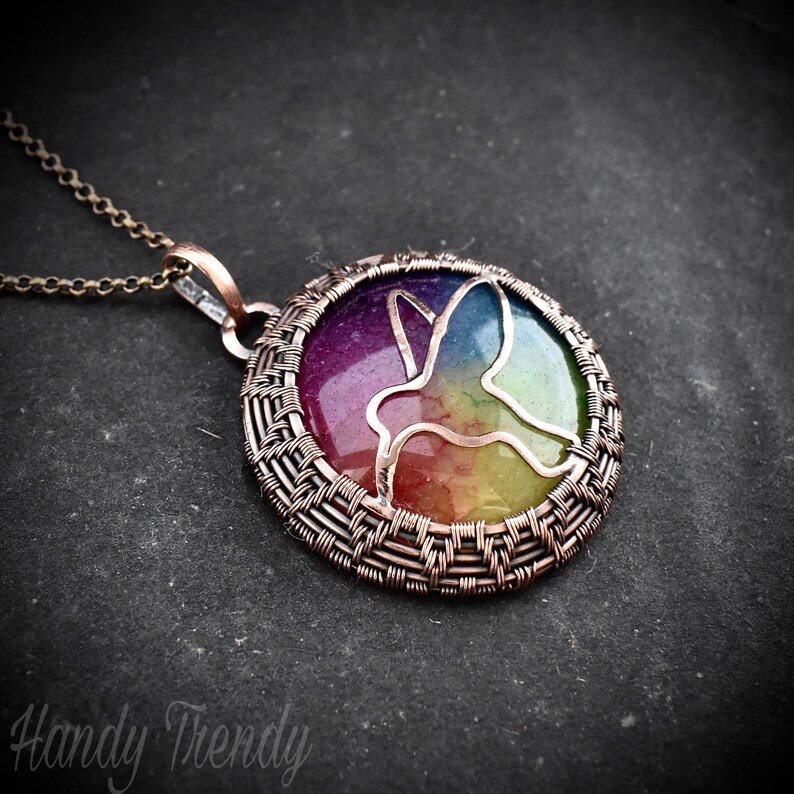 Rainbow solar quartz Hummingbird pendant, Copper wire wrapped necklace, Flying animal jewelry, Unique handmade gift, One of a kind jewelry