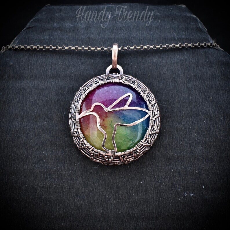 Rainbow solar quartz Hummingbird pendant, Copper wire wrapped necklace, Flying animal jewelry, Unique handmade gift, One of a kind jewelry