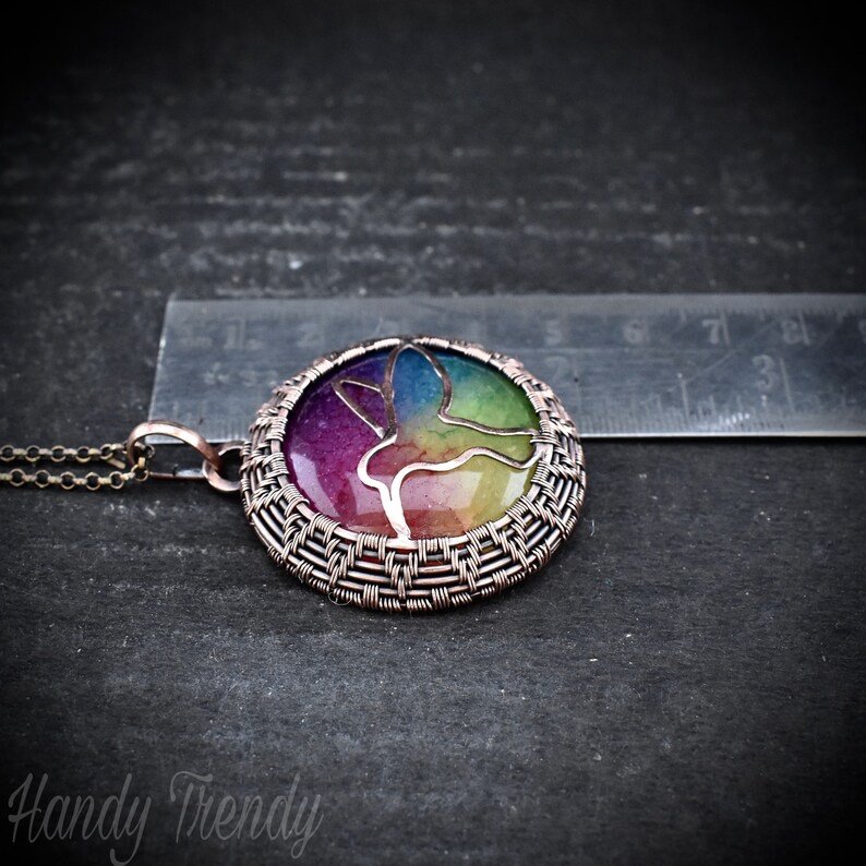 Rainbow solar quartz Hummingbird pendant, Copper wire wrapped necklace, Flying animal jewelry, Unique handmade gift, One of a kind jewelry