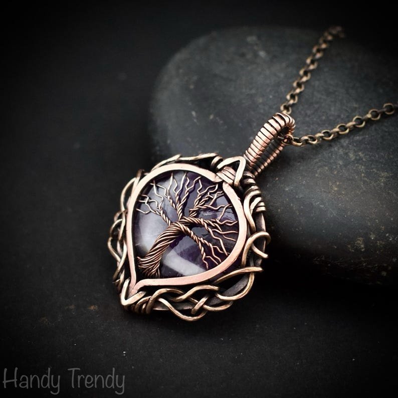 Star amethyst tree of life pendant, Free-Flow copper wire wrapped necklace, Unique handmade gift, One of a kind artisan jewelry