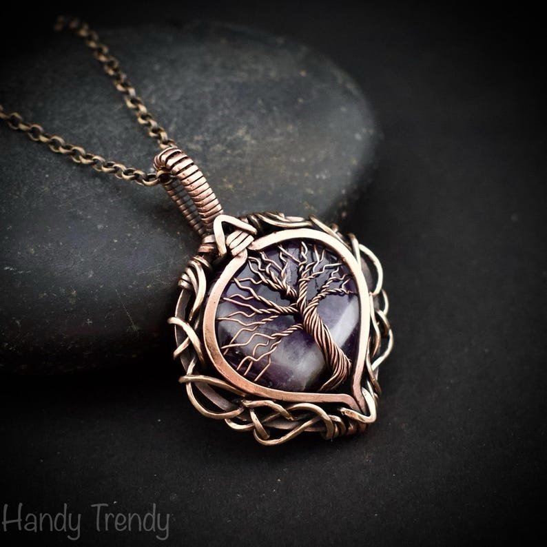 Star amethyst tree of life pendant, Free-Flow copper wire wrapped necklace, Unique handmade gift, One of a kind artisan jewelry