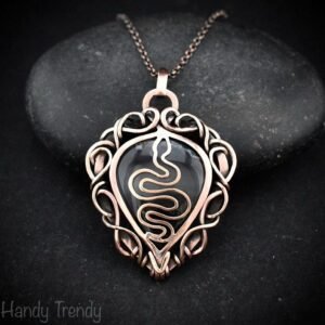 Green Moss agate snake pendant, Free-Flow copper wire wrapped necklace, Unique handmade gift, Wild animal jewelry, Boho necklace